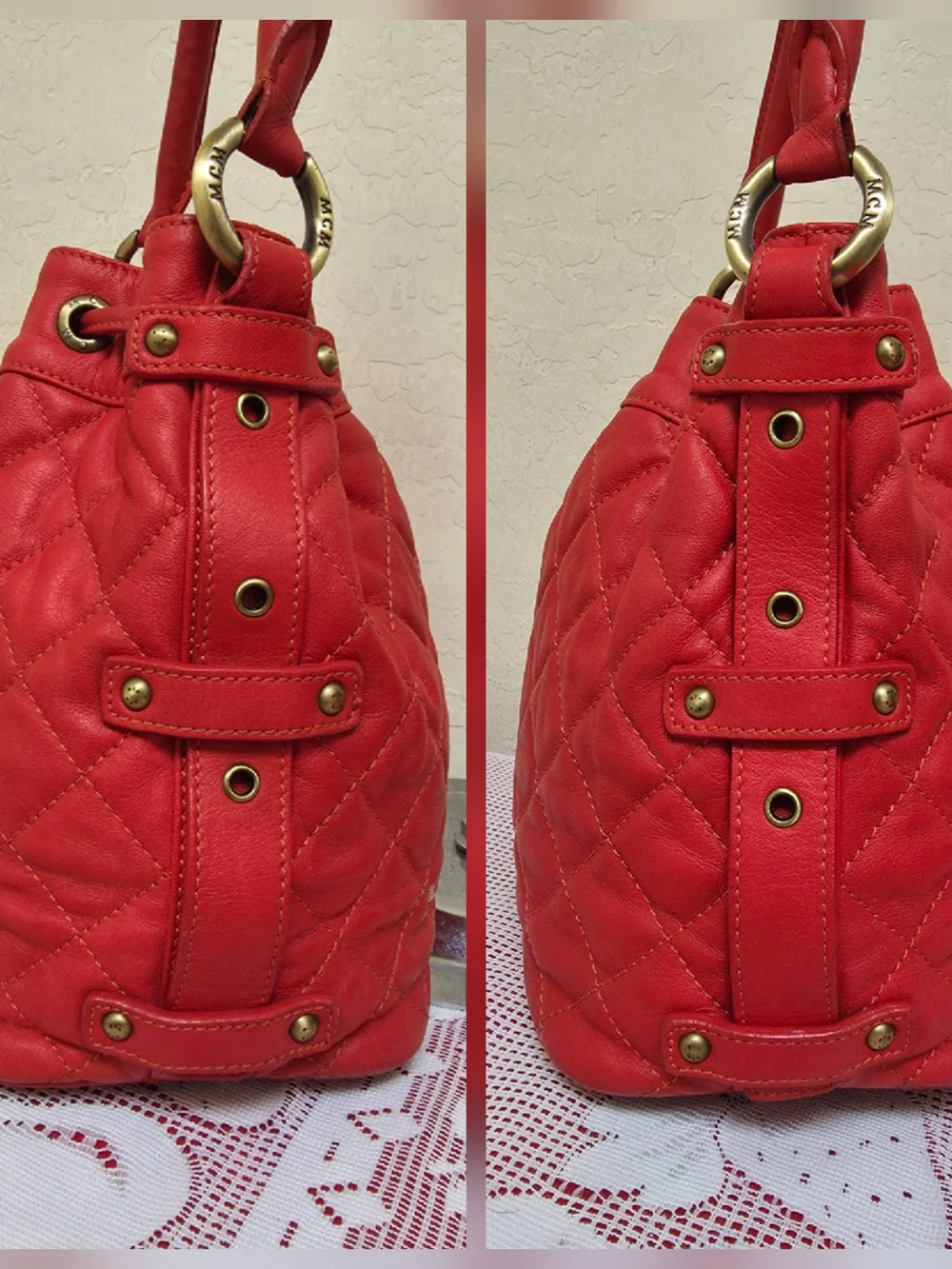 MCM Red Drawstring Bucket Quilted Handbag Satchel AUTHENTIC